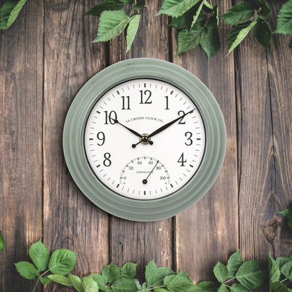 La Crosse 8" Sage Green Indoor/Outdoor Classic Quartz Analog Clock with Temp, 433-3020