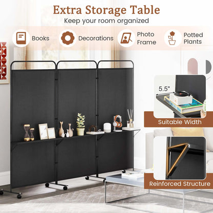 Costway 3-Panel Room Divider with Storage Shelves 6FT Tall Folding Privacy Screen on Wheels Black