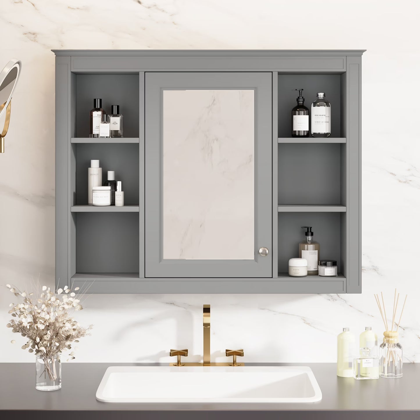 Euroco Wall Mounted Bathroom Mirror Cabinet Triple Door Vanity Storage with Concealed Shelves, Modern Design, Durable Construction, Easy Assembly