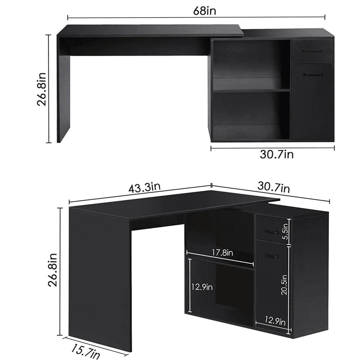 Hoffree 180 Degree Rotating Computer Desk with 2 Open Shelves 68 inch L-Shaped Desk with Drawers & File Cabinet Study Workstation for Home Office & Bedroom, Black/White