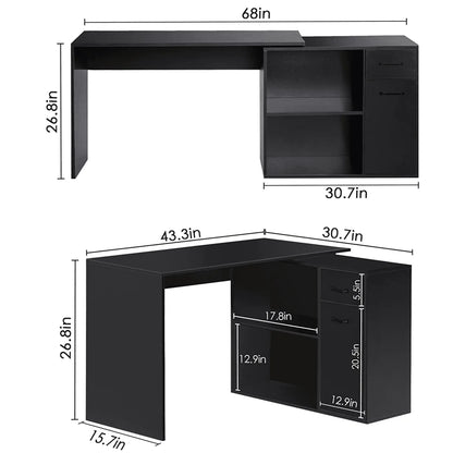 Hoffree 180 Degree Rotating Computer Desk with 2 Open Shelves 68 inch L-Shaped Desk with Drawers & File Cabinet Study Workstation for Home Office & Bedroom, Black/White