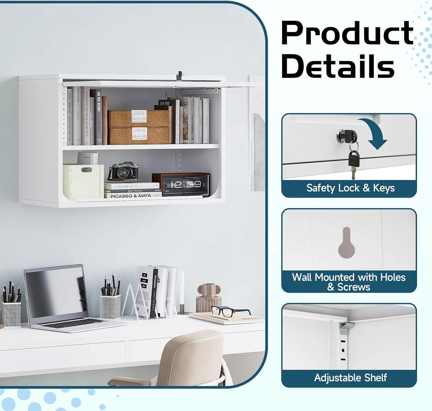 MIIIKO Wall Cabinet with Door and Shelf, Wall Mounted Metal Storage Cabinets, Locking White Floating Cabinet for Garage, Home Office, Kitchen and Pantry