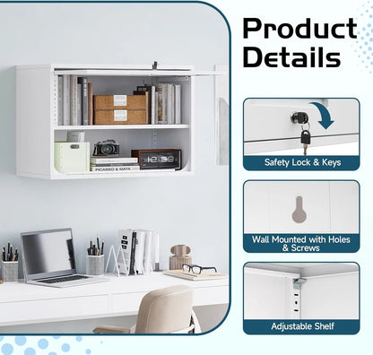 MIIIKO Wall Cabinet with Door and Shelf, Wall Mounted Metal Storage Cabinets, Locking White Floating Cabinet for Garage, Home Office, Kitchen and Pantry