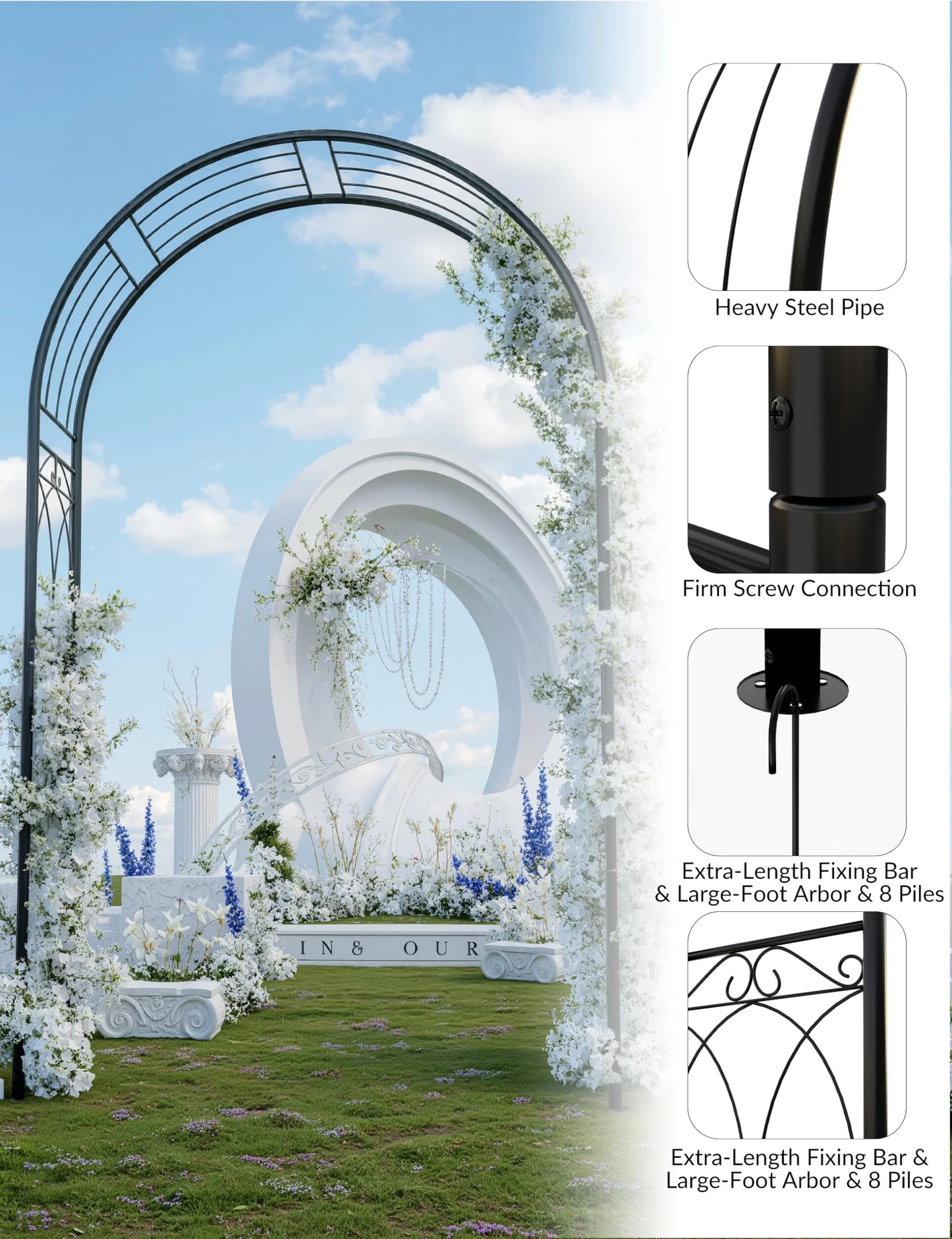Luku 8FT Black Garden Arch, Heavy Duty Metal Garden Arbors with Trellis for Climbing Plants, Flowers & Vines, Rustproof Outdoor Arbor for Weddings, Parties,Decor, Easy to Assemble