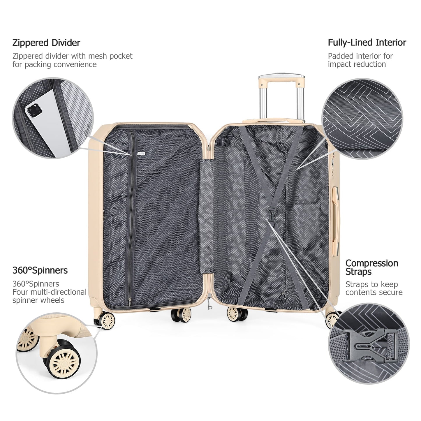 Luggage 3-Pieces set ABS Durable Suitcase Beige 20"24"28"