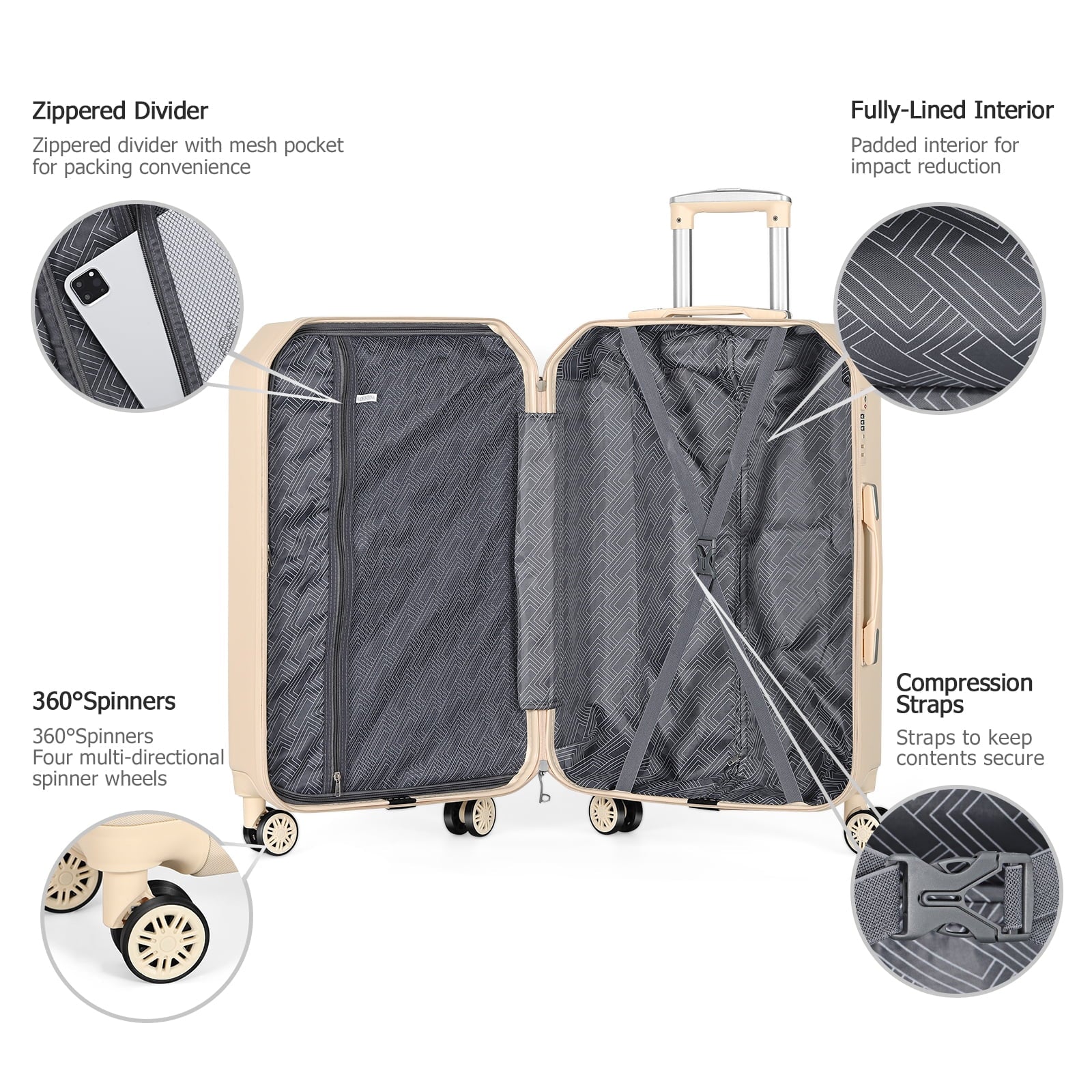 Luggage 3-Pieces set ABS Durable Suitcase Beige 20"24"28"