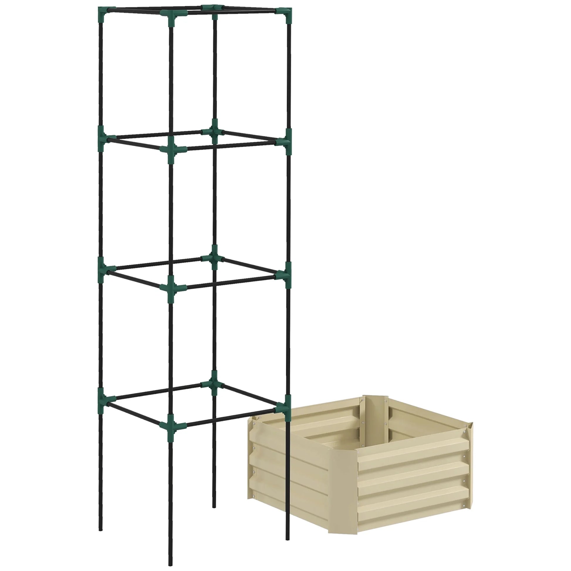 Outsunny Galvanized Raised Garden Bed,24" X 24" X 11.75" Outdoor Planter Box with Trellis Tomato Cage and Open Bottom for Climbing Vines,Vegetables,Flowers In Backyard,Garden,Patio,Cream,White Steel