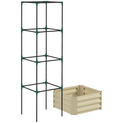 Outsunny Galvanized Raised Garden Bed,24" X 24" X 11.75" Outdoor Planter Box with Trellis Tomato Cage and Open Bottom for Climbing Vines,Vegetables,Flowers In Backyard,Garden,Patio,Cream,White Steel