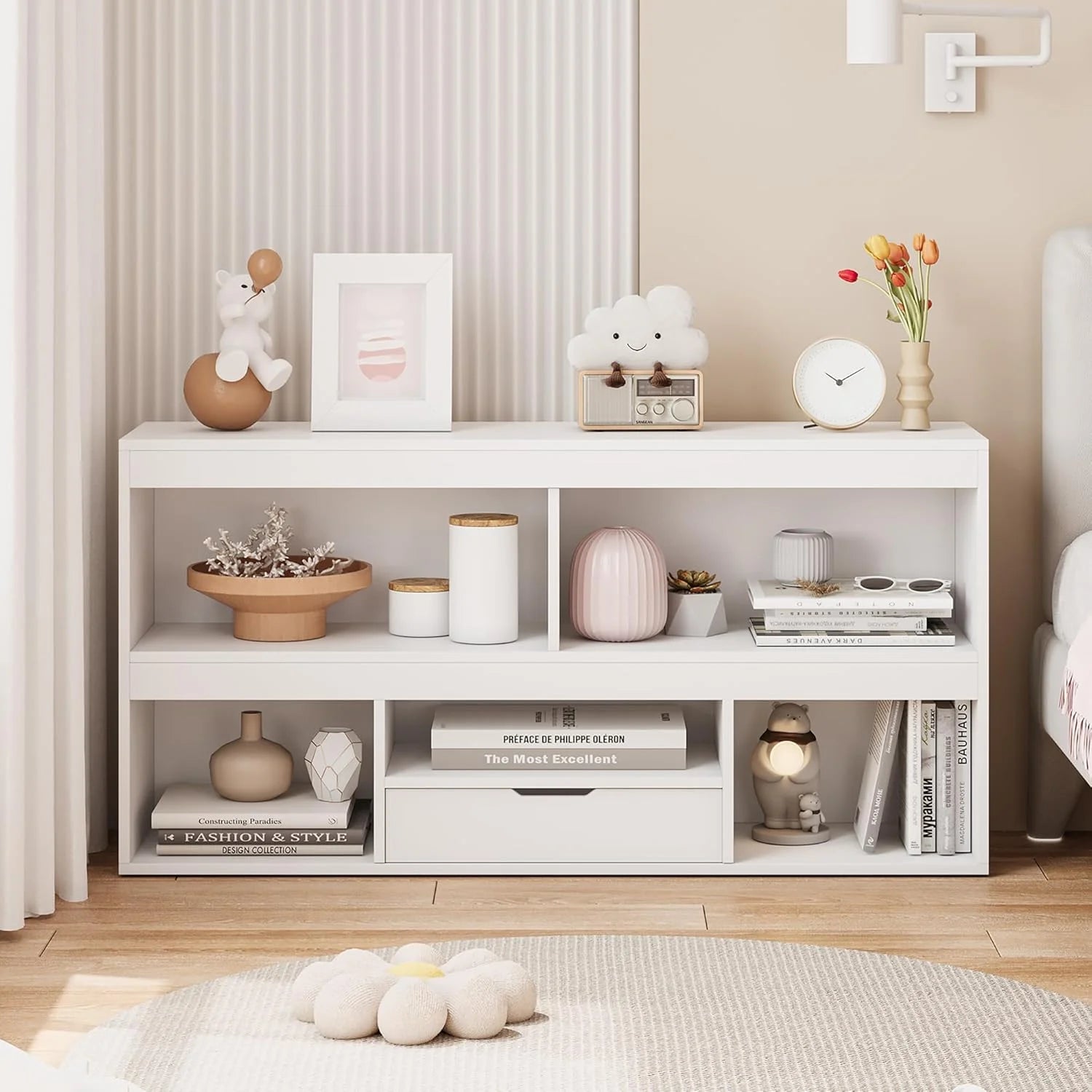 Kids Bookshelf with Drawer Nursery Bookcase Wooden Toy Storage Organizer Playhouse Storage Shelves White Book Shelf for Playroom, Classroom, Nursery, Kids Room