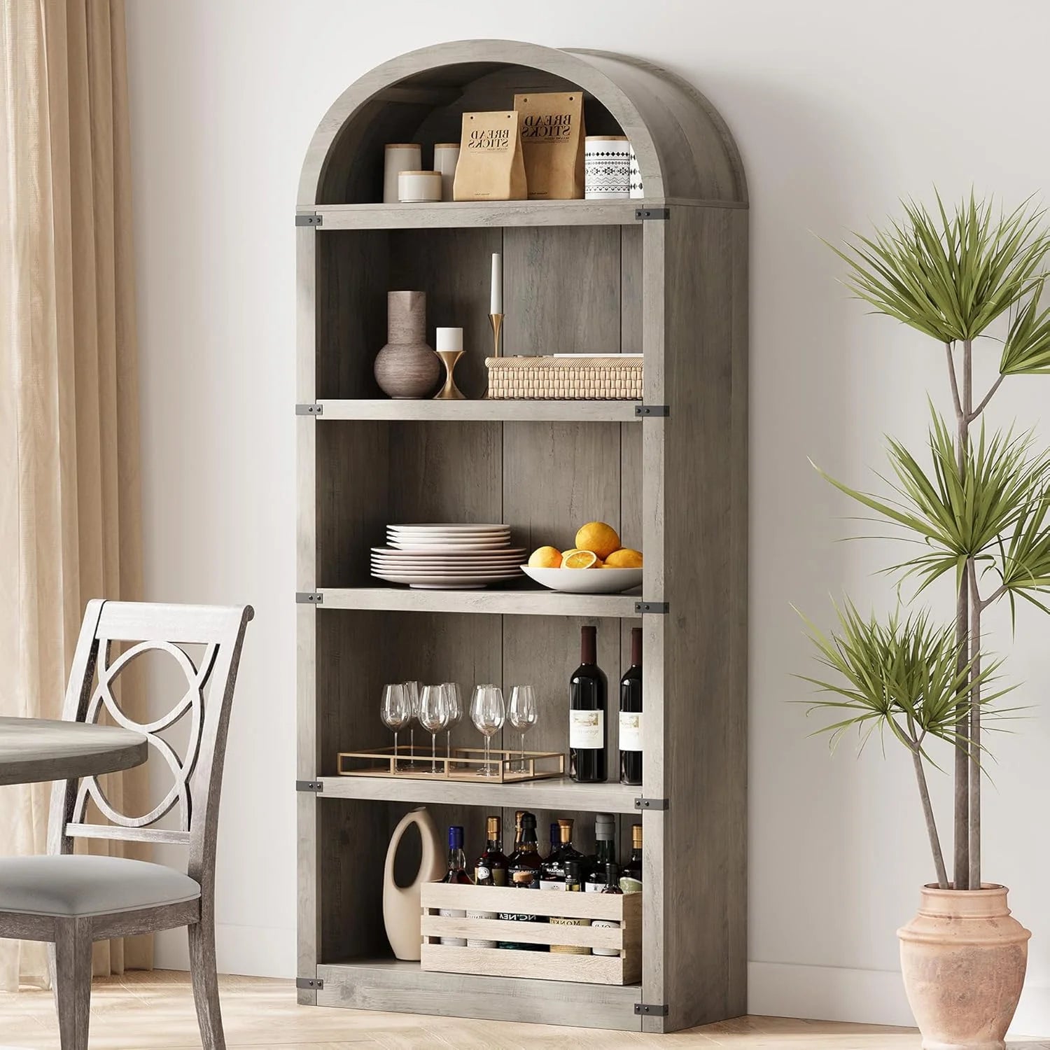 Bookcase 5 Shelf Arched Bookshelf 71.65in Tall Bookcase Farmhouse Display Storage Rack Wooden Bookshelves for Home Office, Living Room(white)