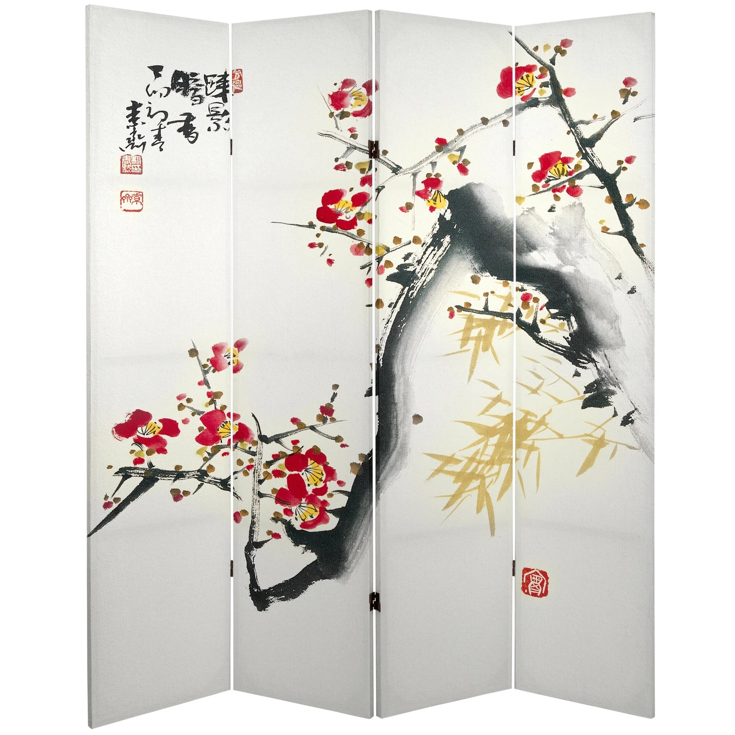 Handmade 6' Canvas Wood and Cherry Blossom Room Divider