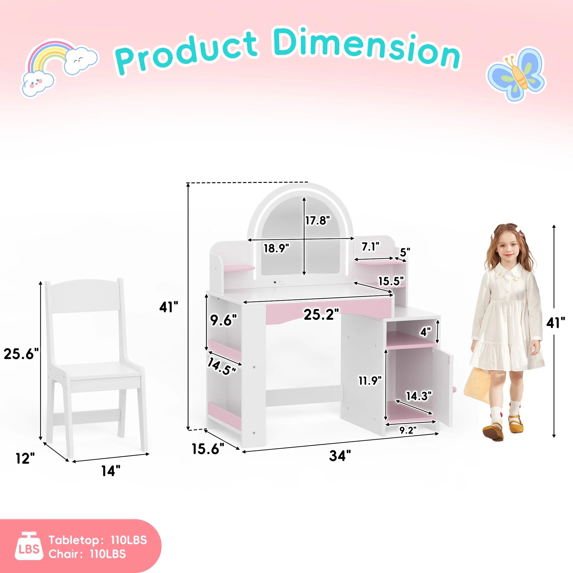 Kids 2-in-1 Princess Vanity Table Set with Jewelry Storage and Open Shelves, White