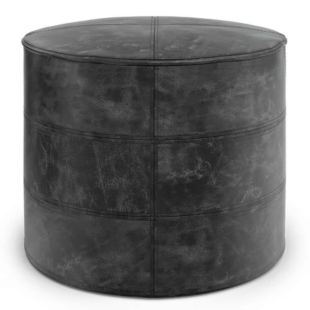 Simpli Home Connor Boho Round Pouf in Navy Blue Genuine Leather