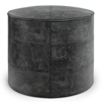 Simpli Home Connor Boho Round Pouf in Navy Blue Genuine Leather