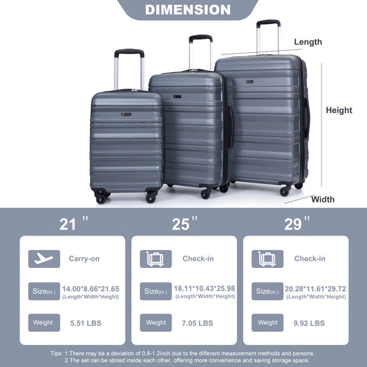3 Piece Luggage Sets, PC Lightweight Durable Expandable Suitcase with 2 Hooks and TSA Lock, Suitcases with Wheels,21in 25in 29in,Gray