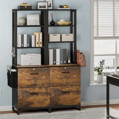2 Drawer File Cabinet with Lock& Storage Bag,Rustic Home Office Filing Cabinets with Adjustable Storage Shelf,Brown