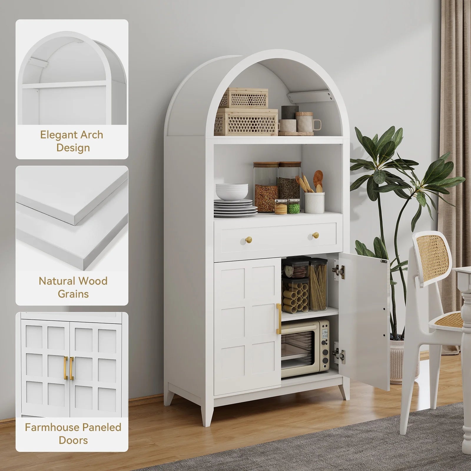PULUOMIS 65" Tall Arched Cabinet, Farmhouse Arched Bookcase Bookshelf with Storage Drawer and Ajustable Shelves, for Living Room, Kitchen, Home Office, Black
