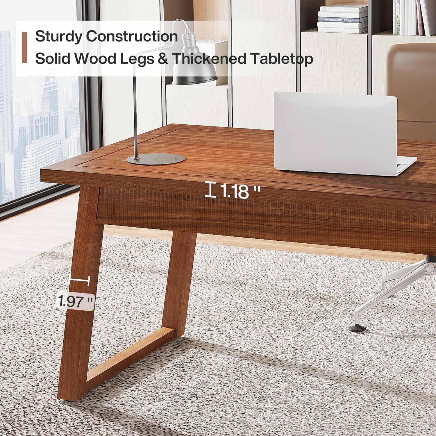 Executive Desk, 55 Inches Solid Wood Computer Desk with Drawer for Home Office