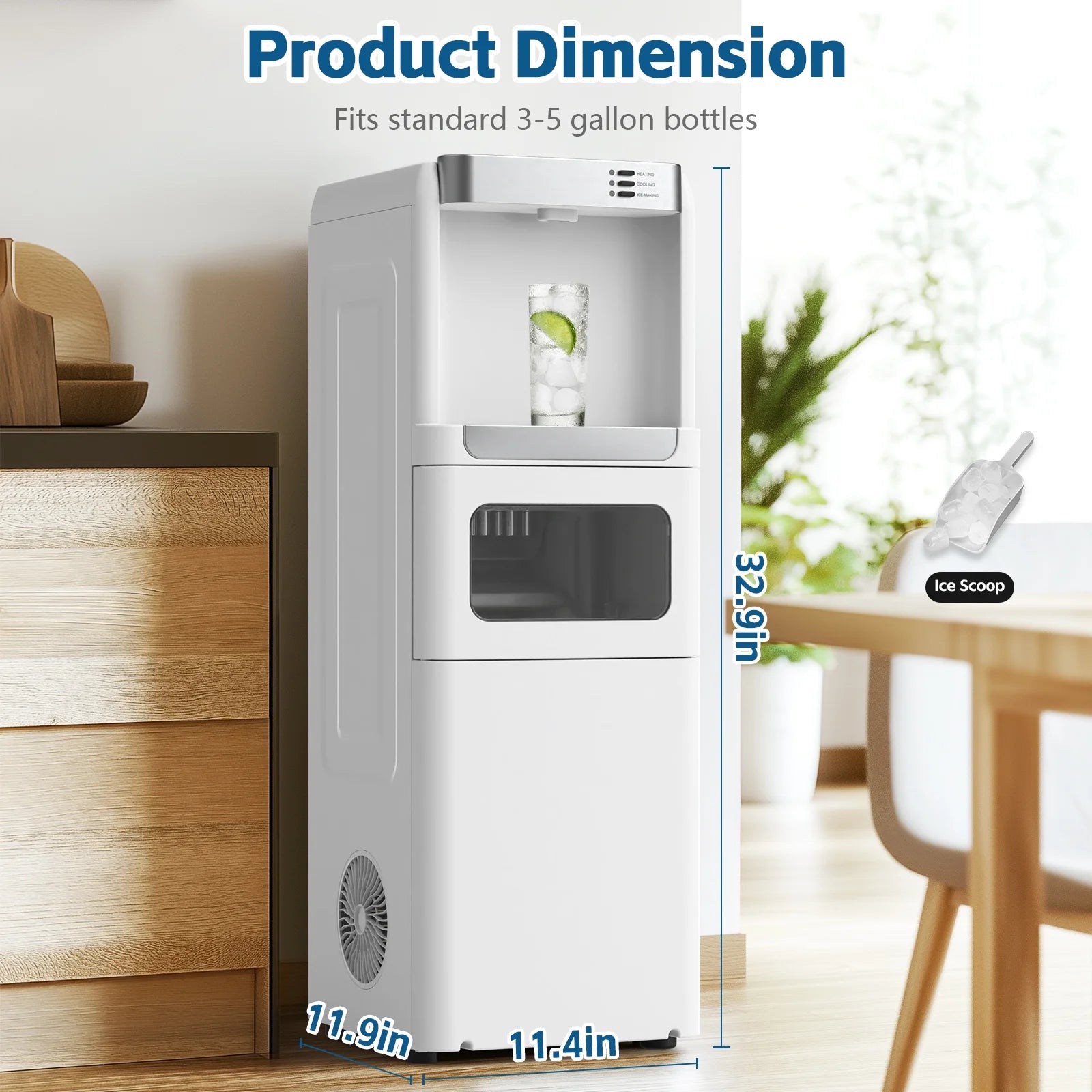 Advwin 3-in-1 Water Dispenser with Ice Maker, 33lbs/24H, Top Loading 3 or 5 Gallon, Water Cooler Dispenser for Home Office, Hot & Cold Water Dispenser, Child Lock