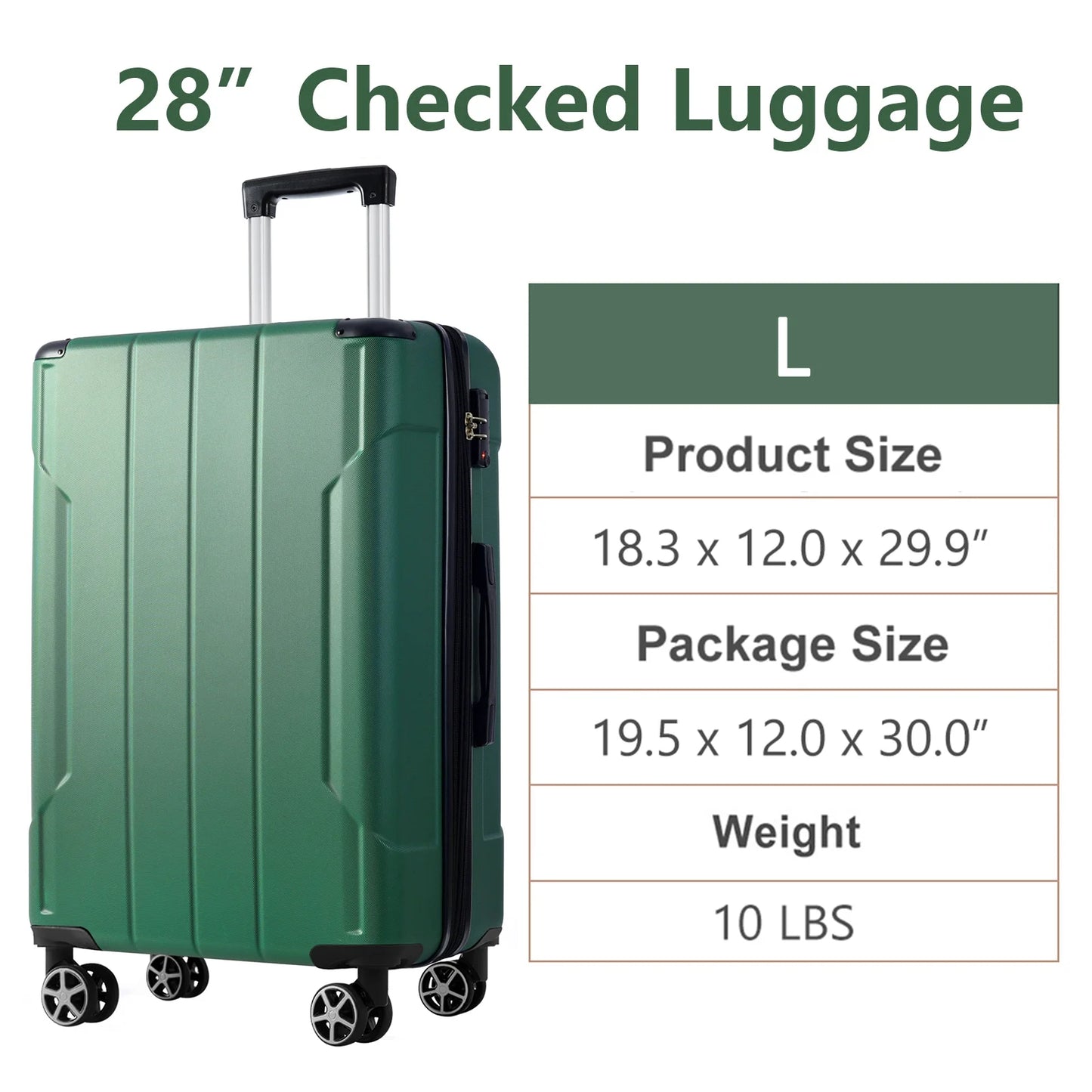 Hardshell Luggage, Lightweight Durable ABS Suitcases with Double Wheels, Expandable 28-inch Checked Luggage 28" (Green)