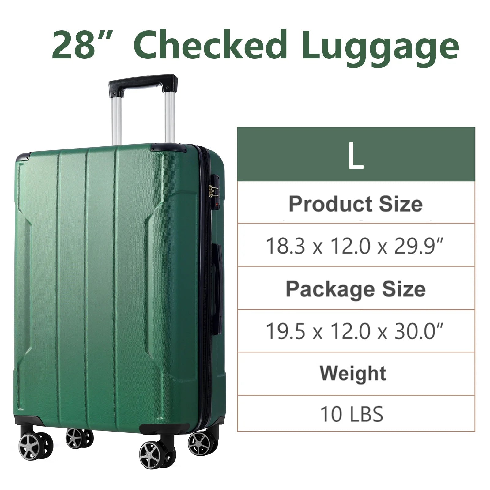 Hardshell Luggage, Lightweight Durable ABS Suitcases with Double Wheels, Expandable 28-inch Checked Luggage 28" (Green)