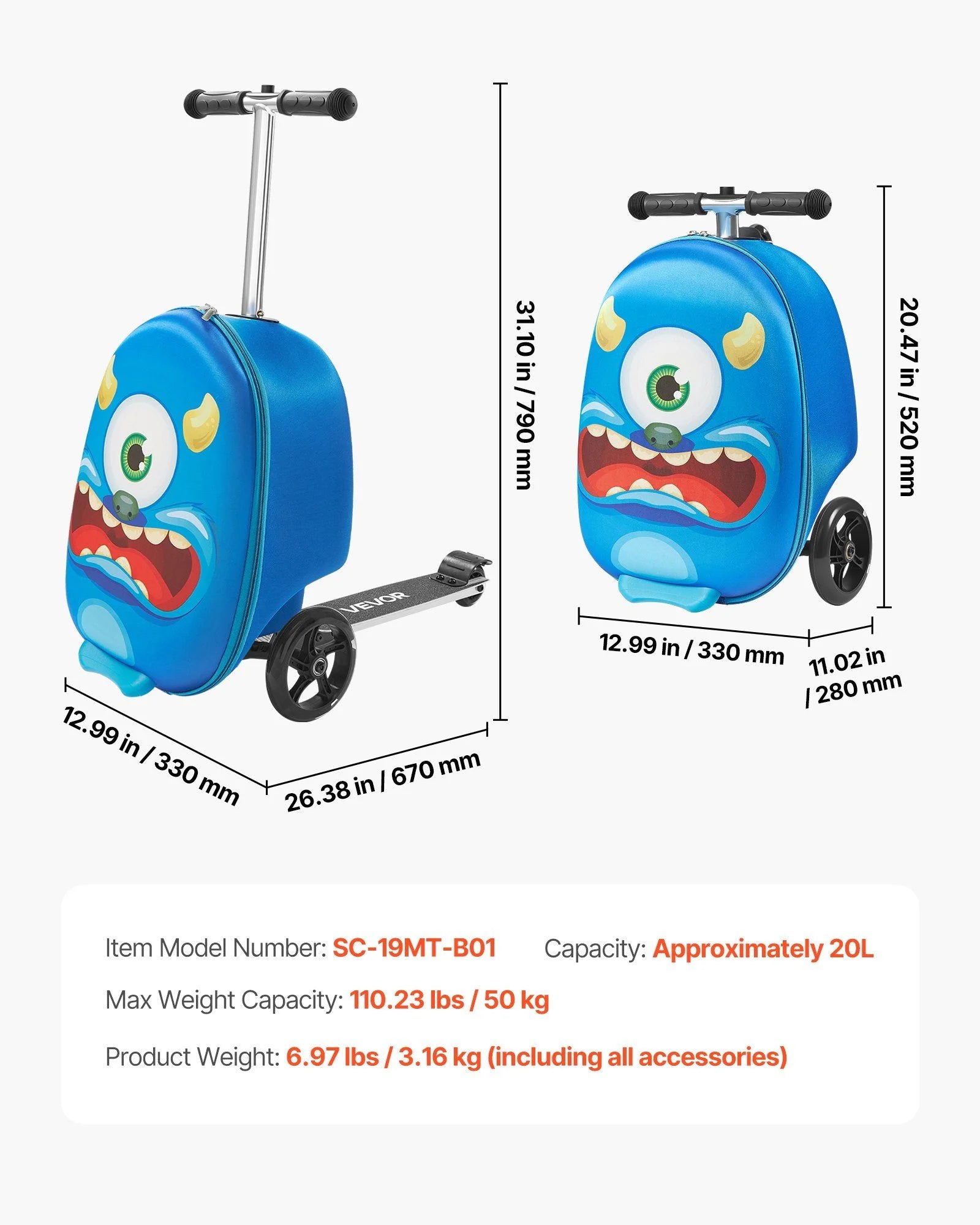 VEVOR Ride-on Luggage 20-inch Kids Scooter Suitcase with Flash Wheels Blue