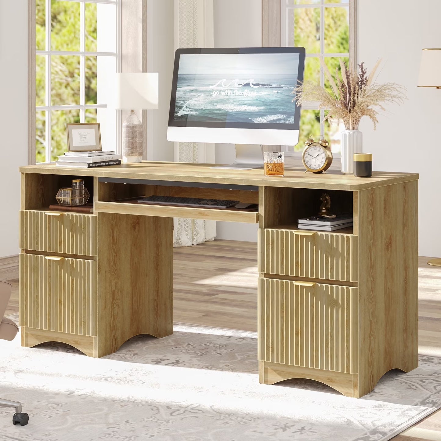 Bestier 59" Computer Home Office PC Desk with Keyboard Tray and Storage Drawers, Walnut and White