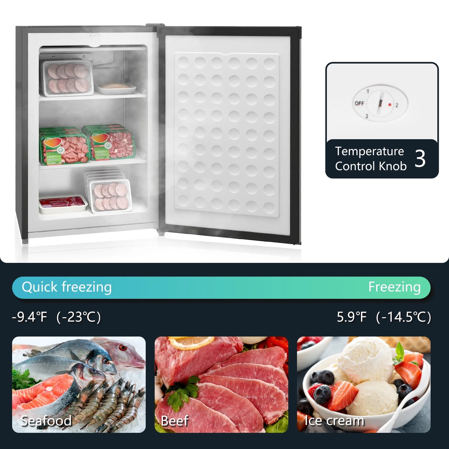Upright Freezer, 3.0 Cubic Feet Compact Mini Freezer with Reversible Single Door and Adjustable Thermostat, Small freezer for Home, Dorm, Apartment, Home Office, Silver