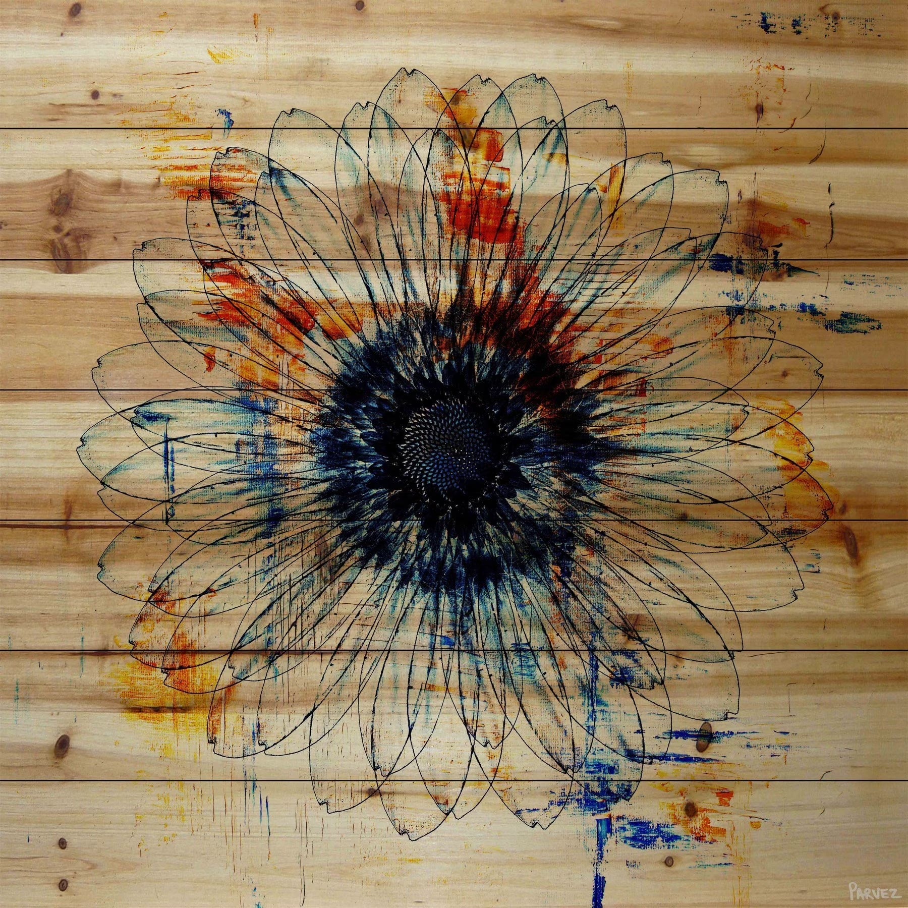 Parvez Taj - 'Stencil Flower' Painting Print on Natural Pine Wood 24 x 24