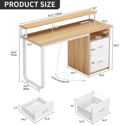 Dextrus 47 inch Computer Desk with Storage Drawers & LED Light, Office Desk with Monitor Stand & Power Outlets, Work Study PC Desk for Small Spaces, Home Office, Oak