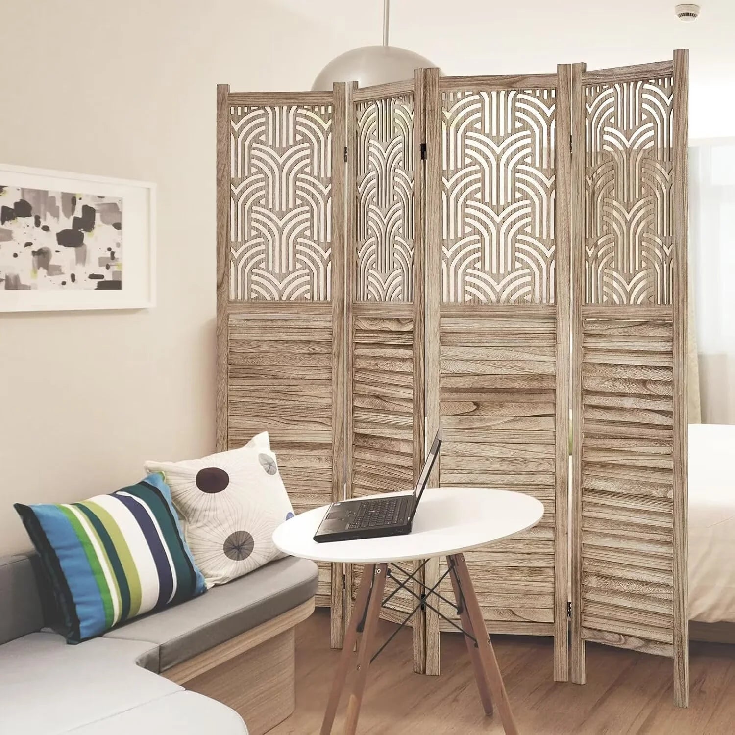 Garvee 4 Panel Wooden Room Dividers, 67" Tall Folding Portable Partition Privacy Screen, Free Assembled Freestanding Partition, Separators Divider Wall for Home Office