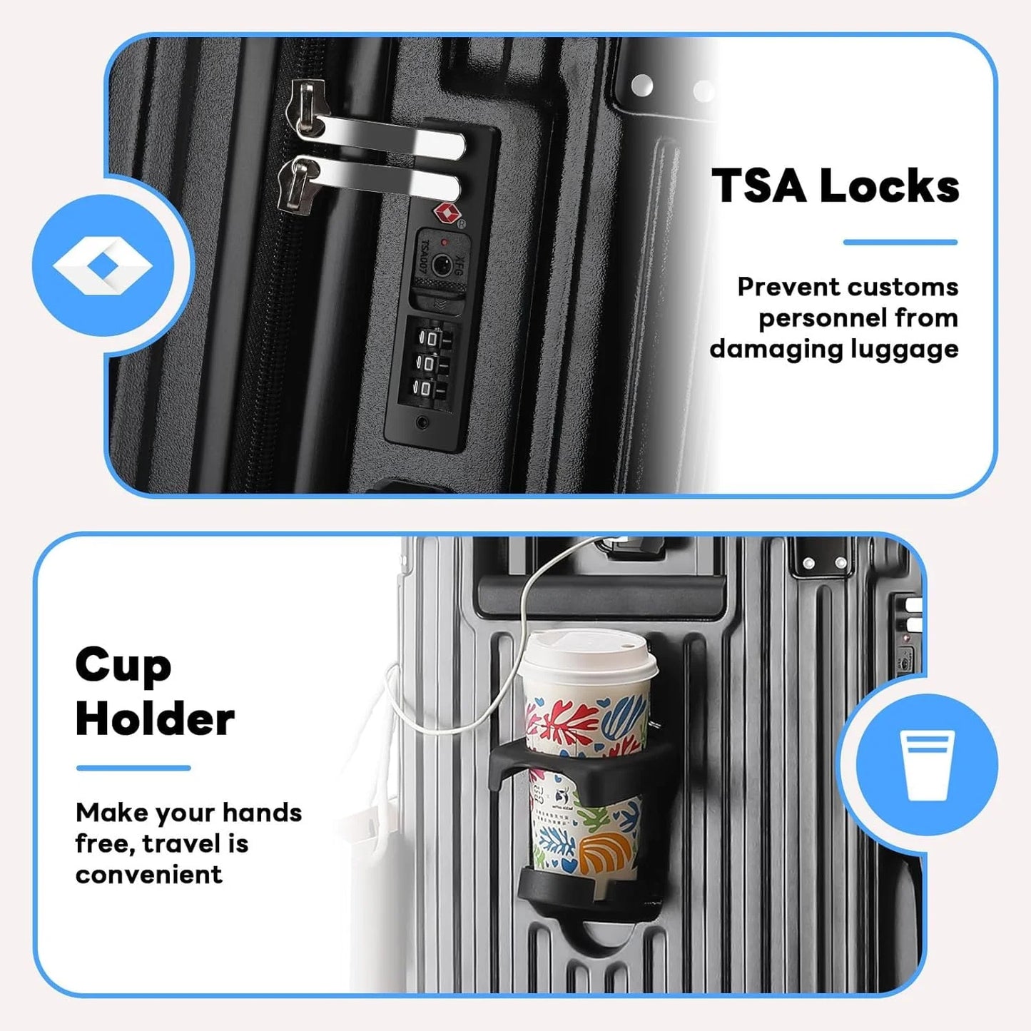 20 Inch Carry on Luggage Carry-on with Cup Holder & USB Port, Hardside Smart Luggage with Airline Approved TSA Lock, Lightweight carryon luggage 22 x 14 x 9 airline approved 360° Spinner Double Wheels