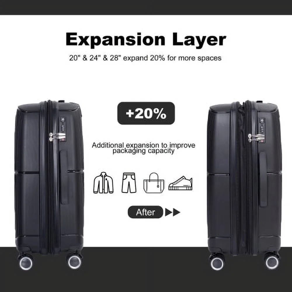 3 Piece Luggage Set Expandable Suitcases Set with Spinner Wheels & TSA Locks, Black