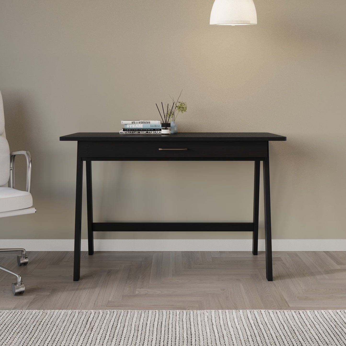 Home Design Serafina Writing Desk with Spacious Tabletop and Built-In Drawer, Modern Clean-Lined Design for Home Office, Study Space, or Remote Work, White