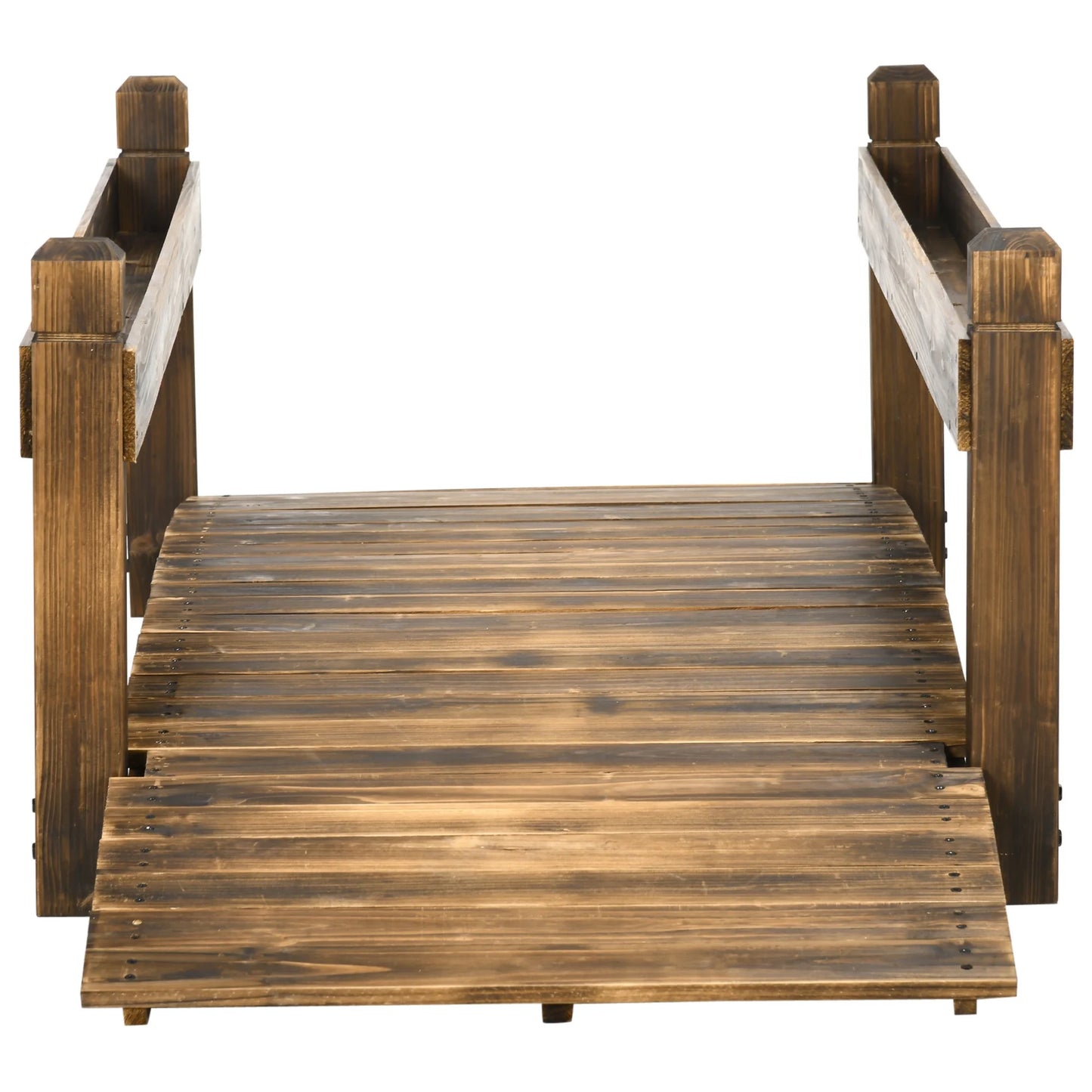 Homiyad 7.5' Wooden Garden Bridge with Planters on Safety Railings, Stained Finish Arc Footbridge for Backyards, Gardens and Streams