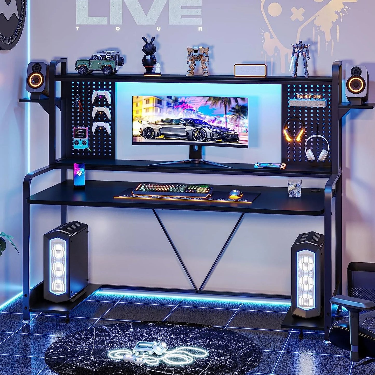 SEDETA Gaming Desk, 55" Computer Desk with Hutch and Shelves, LED Lights, Pegboard and Monitor Shelf, Large PC Gamer Desk Workstation for Home Office, Gaming Table for Bedroom, Black