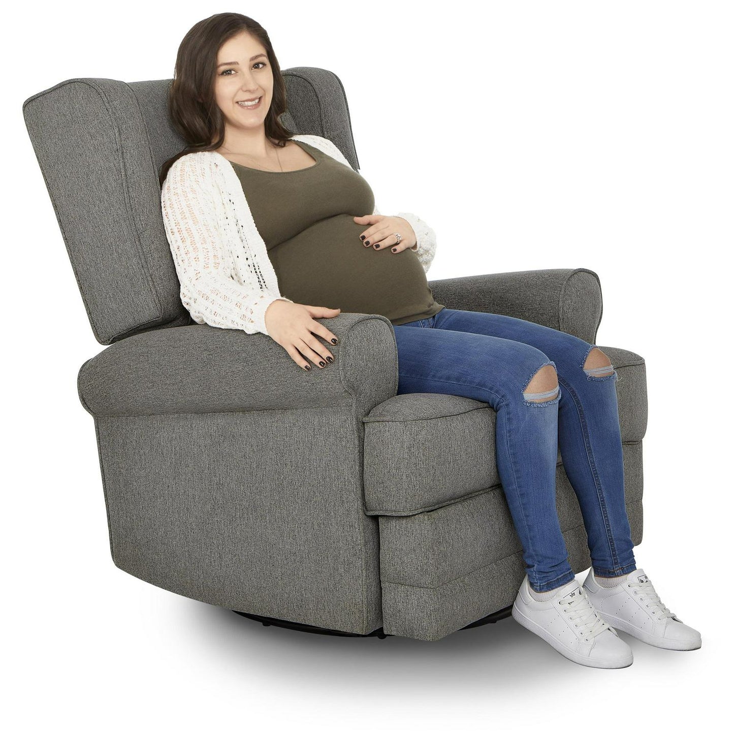 Evolur Melbourne Wing Back Swivel Glider I Nursery Glider I Durable Soft Fabric I Bonus Pillow In Iron