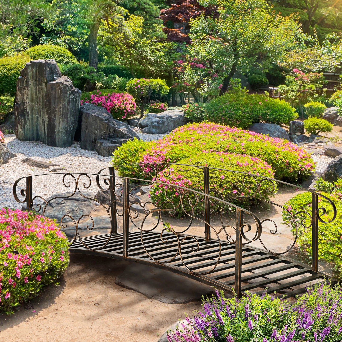 QISHENSHUI 6FT Durable Wooden Garden Bridge - Solid Timber Construction with Sturdy Safety Rails for Stylish Decorative Accents Over Ponds, Streams & Garden Water Features, Bronze