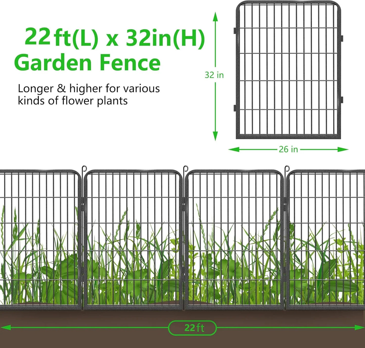 Jhsomdr Garden Fence Outdoor 22ft(L)32in(H) No Dig Fence Panels with Gate, 10 Panels Decorative Garden Fencing Metal Animal Barrier Fence Flower Bed Fencing for Patio Backyard