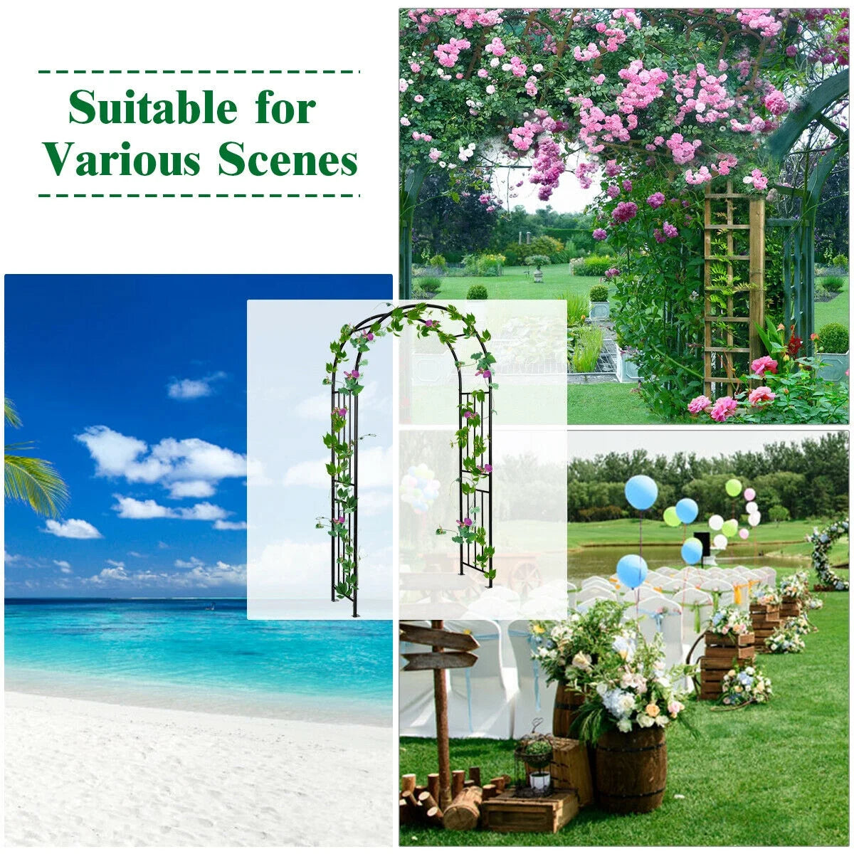 Gymax 7.2Ft Garden Arch Steel Arbor Wedding Garden Decoration Climbing Plants w/Stakes