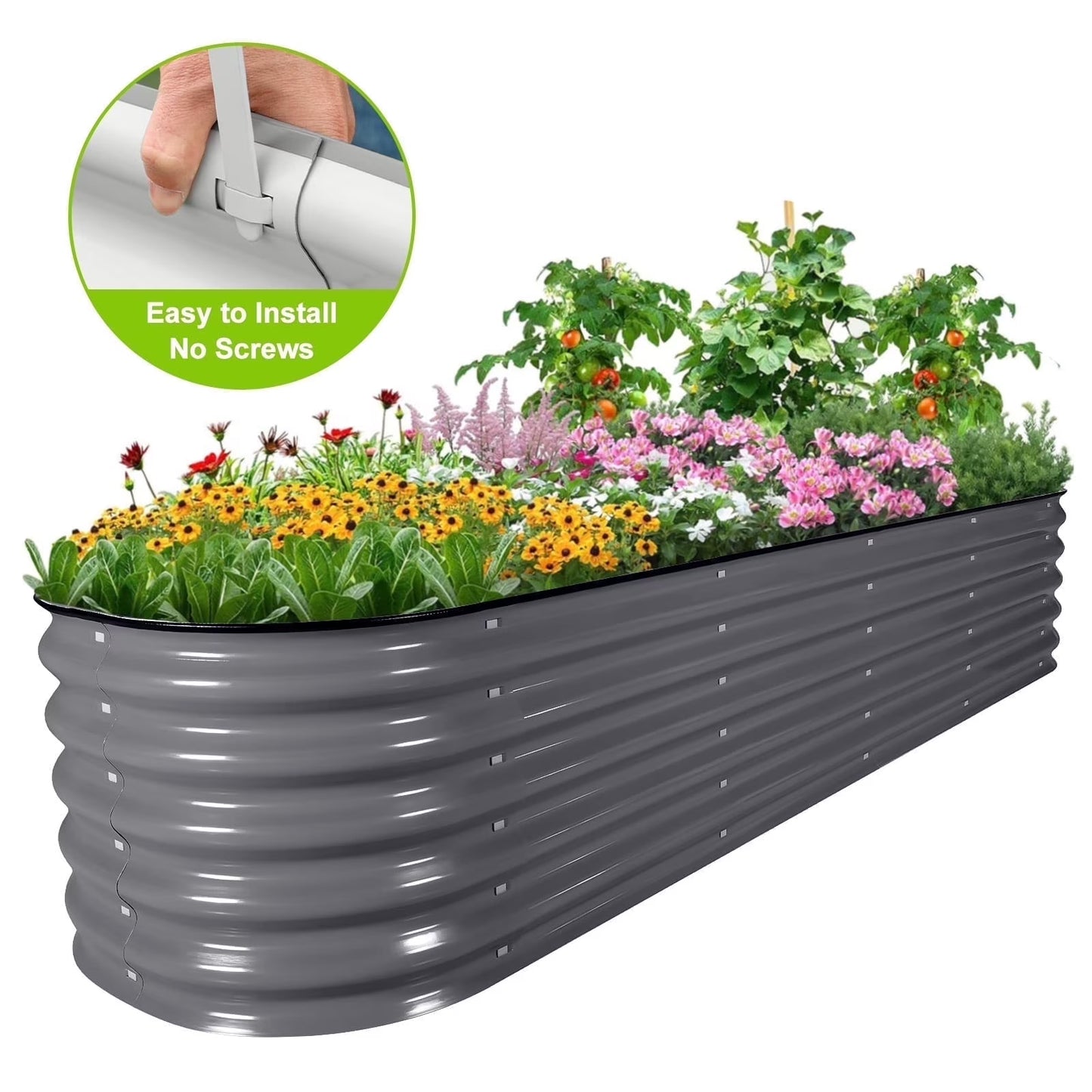 HOOFUN 17" Tall Metal Raised Garden Bed, 9 in 1 Garden Raised 8ftX2ft Garden Bed Kits for Vegetables Flowers, Oval Outdoor Planter Box w/6 Support Bars - Olive Green