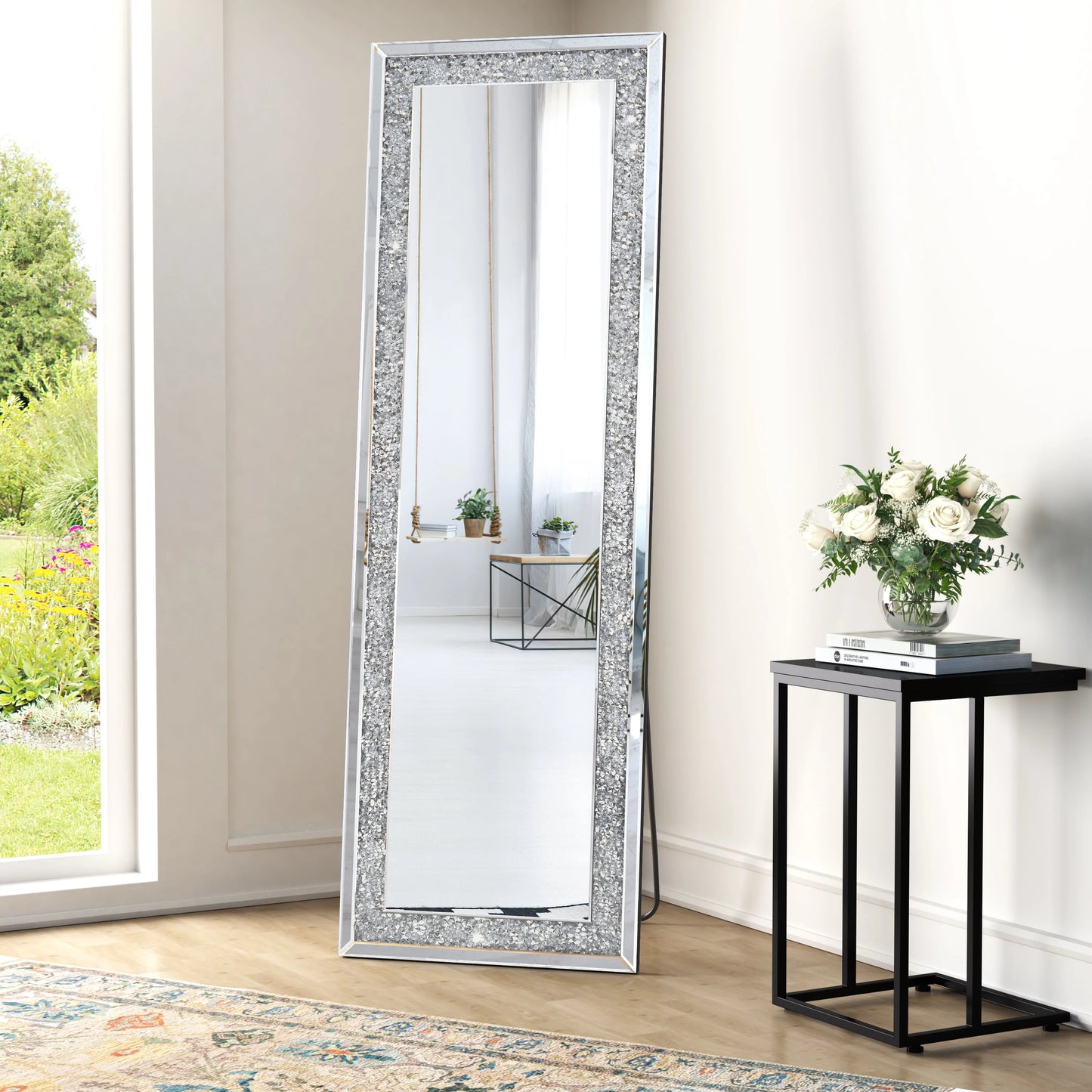 KOHROS 58"x18" Crystal Full Length Standing Floor Mirror Full Body Mirror Silver