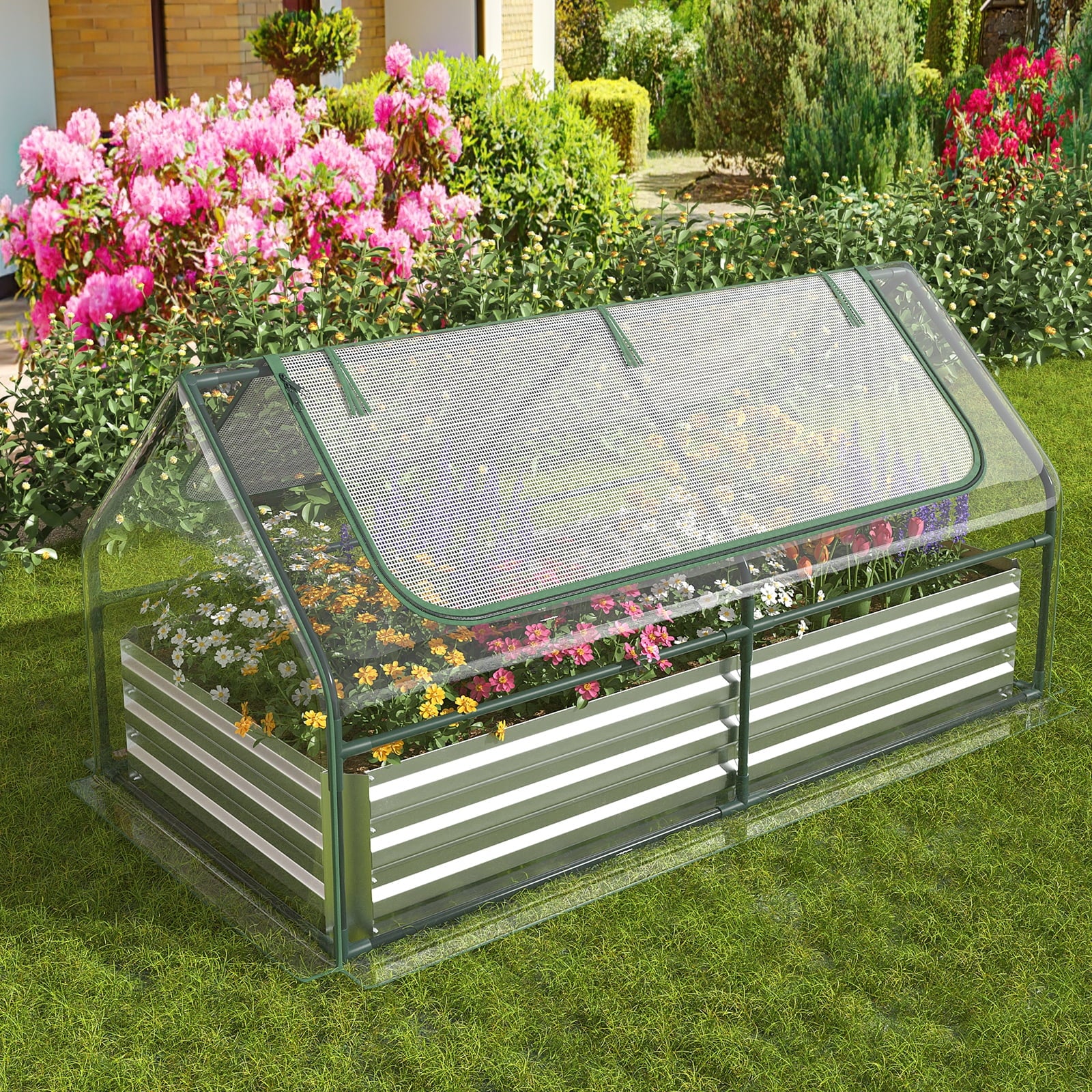 Topbuy 6FT x 3FT x 3FT Galvanized Raised Garden Bed with Greenhouse Bottomless Flower Bed with Clear Cover Outdoor Planter Box Kit