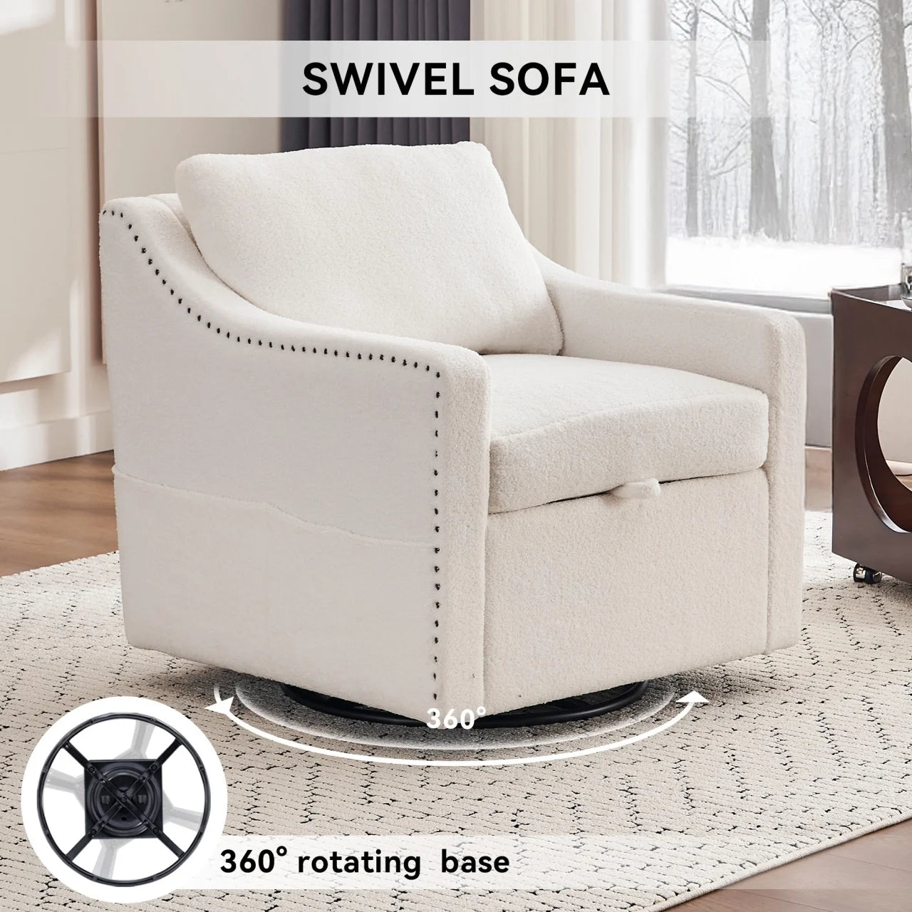 Swivel Barrel Chair, Swivel Accent Chair for Living Room with Storage Seat and Pillow, 360 Degree Swivel Barrel Club Chair, Round Armchairs Nursery, Hotel, Bedroom, Office, Lounge, Ivory White