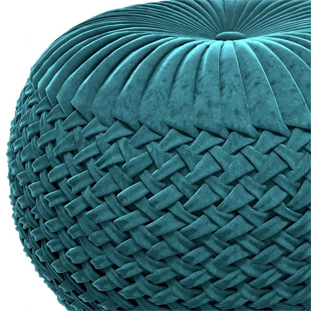 Pemberly Row Round Pouf in Teal Green Velvet Fabric with Woven Details