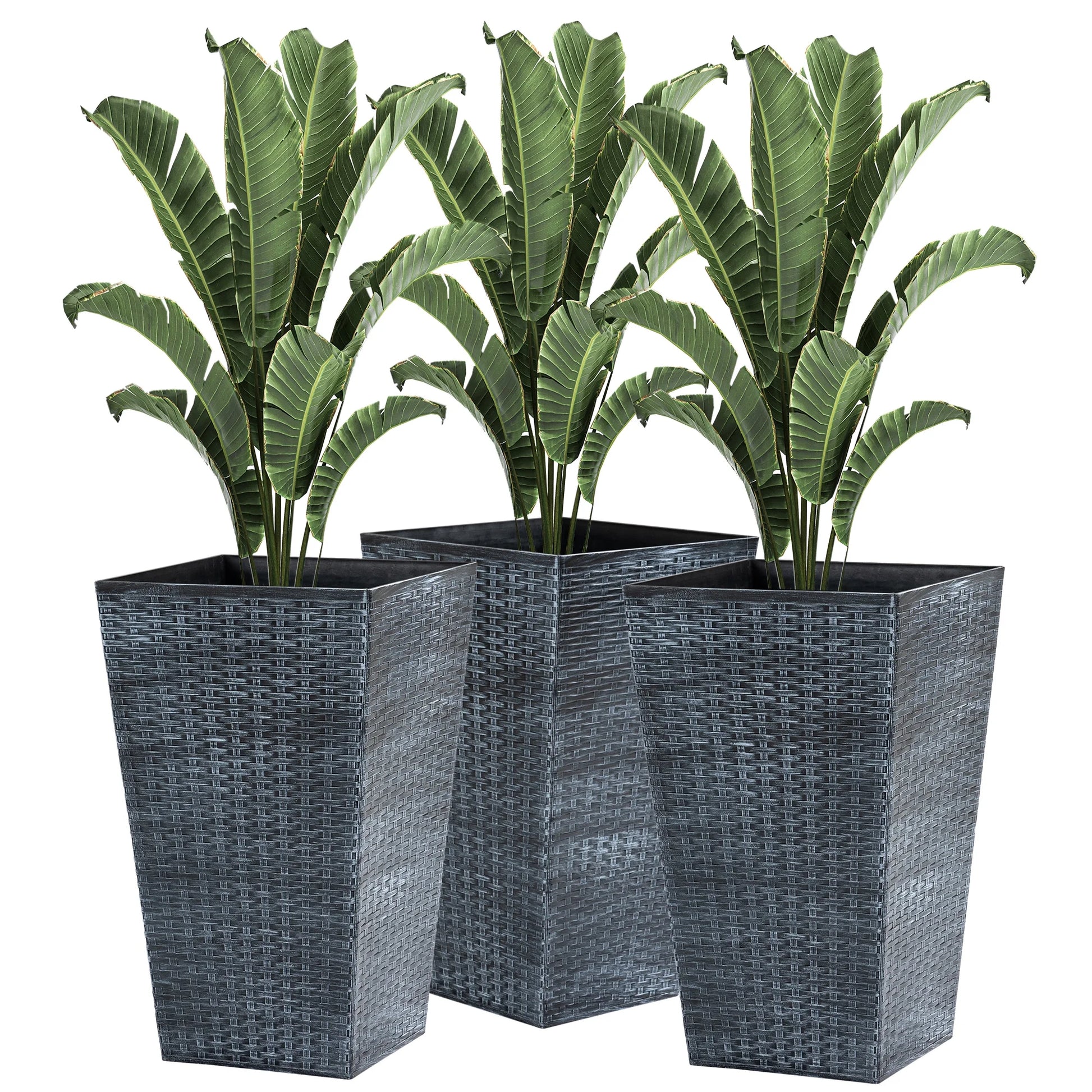 Outsunny Set of 3 Tall Planters with Drainage Hole, Outdoor Flower Plant Pots, Indoor Planters for Porch, Front Door, Entryway, Patio and Deck, Black