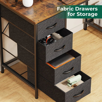 Huuger 55" Computer Desk with LED Lights & Power Outlets, Industrial Home Office Desk with Drawers & Storage Shelves, Corner Writing Desk, Gaming Desk, Rustic Brown