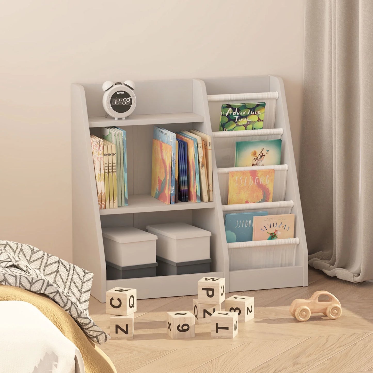 Hironpal Small 3 Tier Kids Bookshelf with 4 Layer Sling Adjustable Book Display Shelf for Nursery Playroom Kids Baby Bedroom