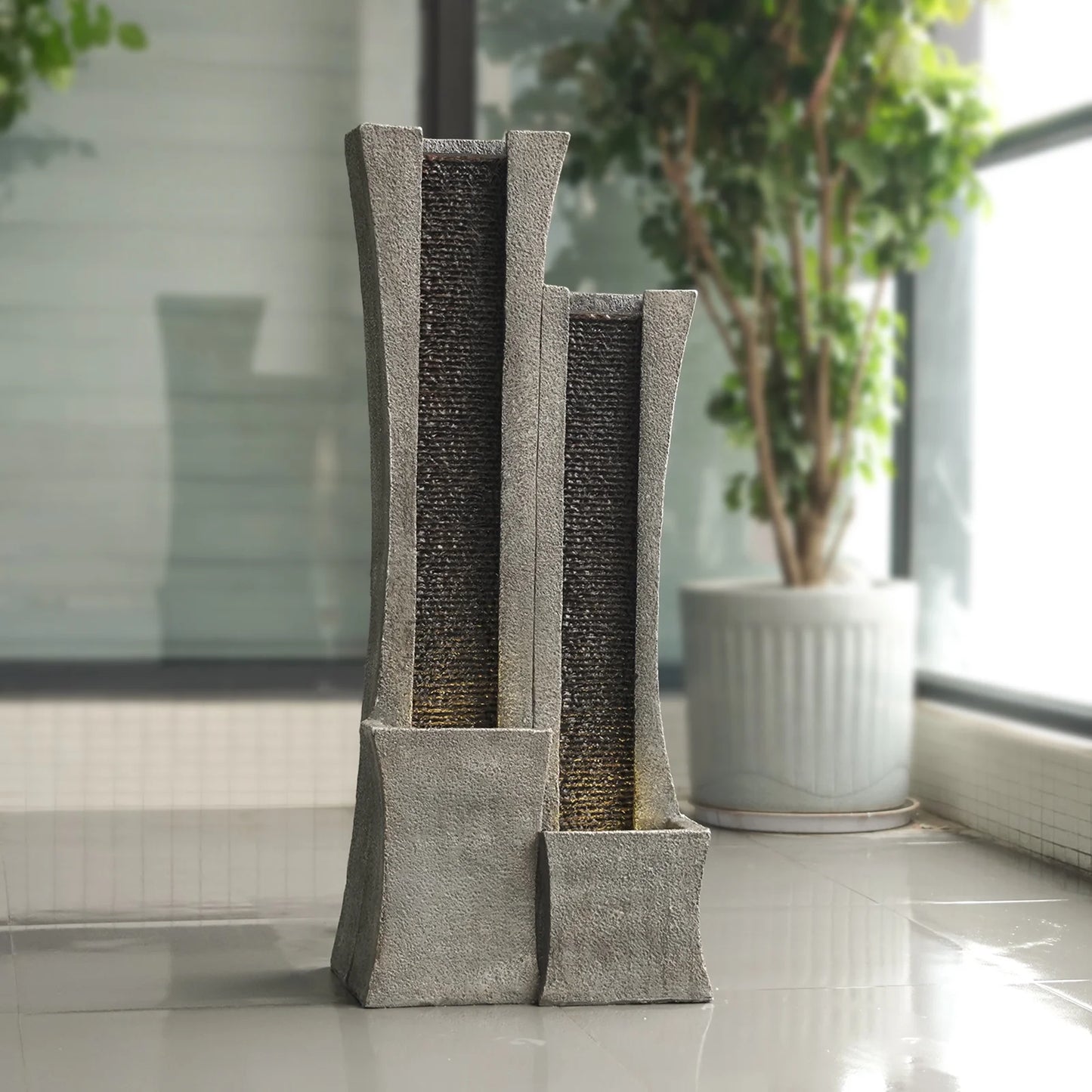 39.76''H Water Fountain Outdoor Indoor 2 Columns Waterfall Garden Fountains Modern Floor-Standing Water Feature with LED Light and Pump for Home Office Garden Patio