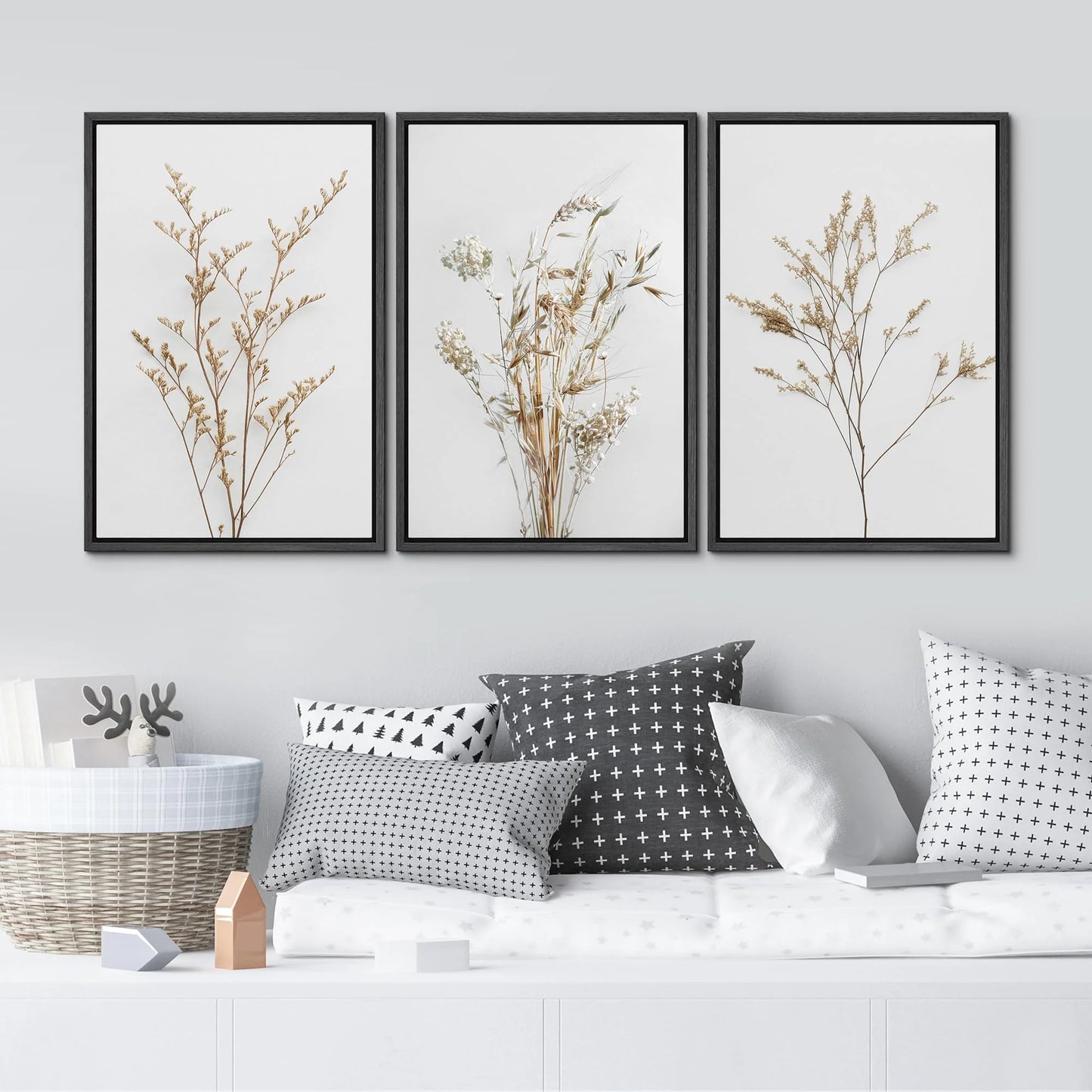 IDEA4WALL Framed Canvas Print Wall Art Set of 3 Wildflower Floral Botanical Prints, Modern Farmhouse Flowers Wall Decor, Large Wall Art, Minimalist Artwork for Home Decor - Black 16"x24"x3